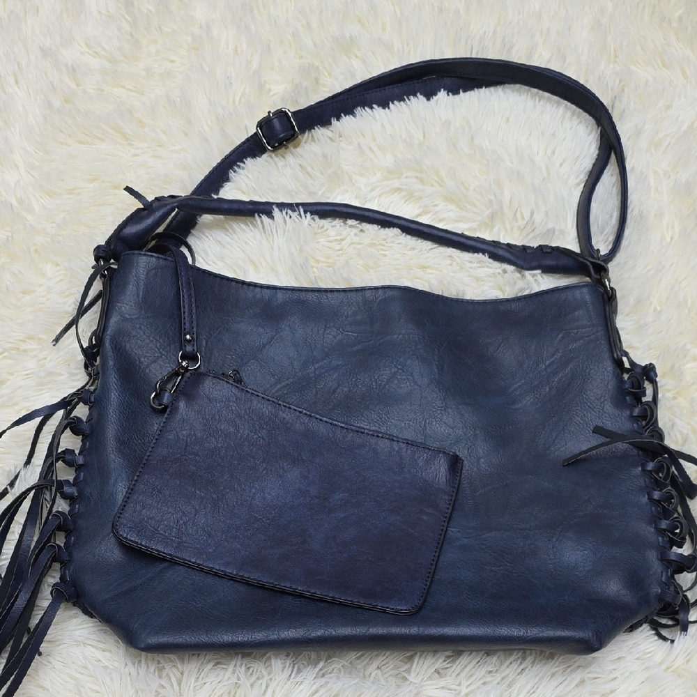 Shomico Vegan Leather Dark Blue Leather Shoulder Bag With Clutch